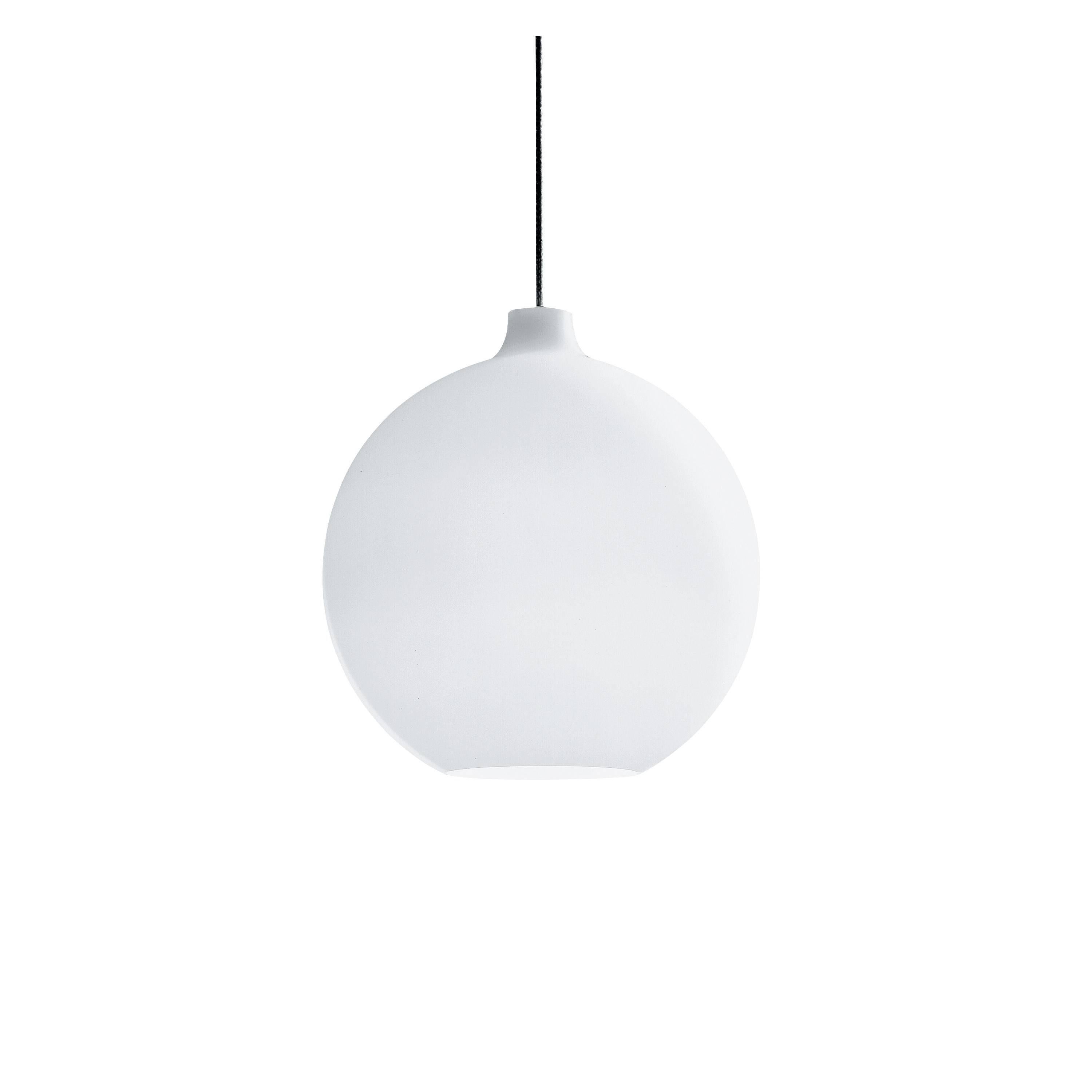 Large Vilhelm Wohlert satellite pendants for Louis Poulsen. The Wohlert pendant light is composed of a hand blown white opal glass shade and brushed steel stem. Wohlert designed the original satellite light in 1959 as a fixture that can suit various