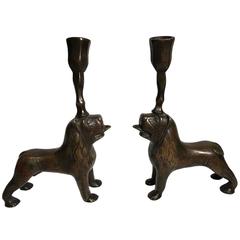 Continental 19th Century Bronze Lion Medieval Style Stylobate Candlesticks