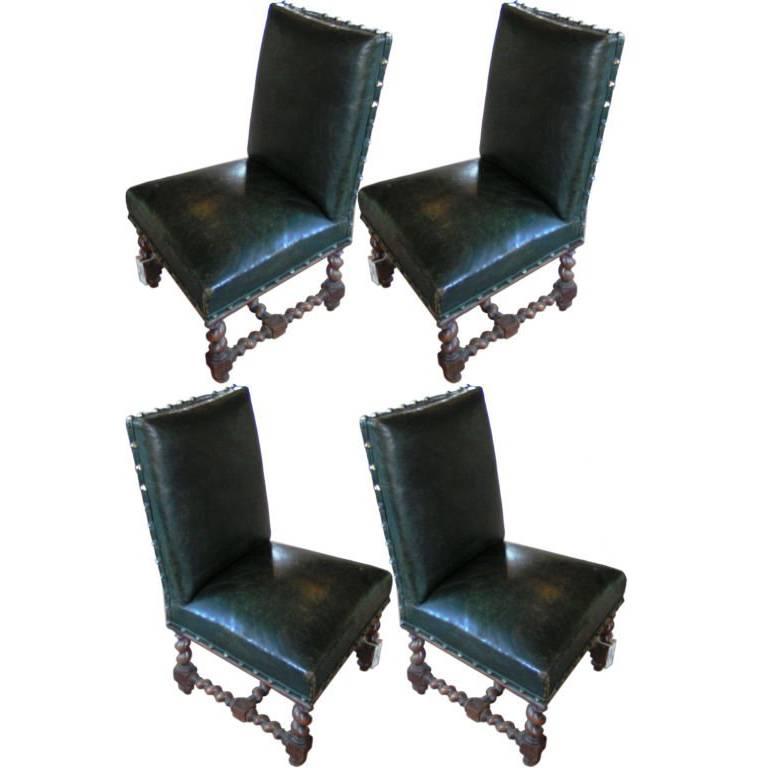Set of Vintage French Green Leather Dining Chairs, France, circa 1870