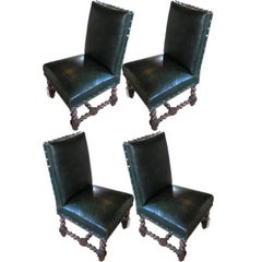 Set of Antique French Green Leather Dining Chairs, France, circa 1870