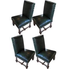Set of Vintage French Green Leather Dining Chairs, France, circa 1870 12