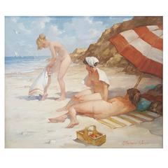 Used Redmond Stephens Wright Nude Beach Scene Painting