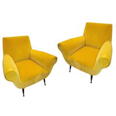 Superb Italian Gigi Radice Armchairs in Yellow Velvet