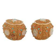 Exceptional Pair of Chinese Silver Gilt Filigree Boxes & Covers with Jade Plaque