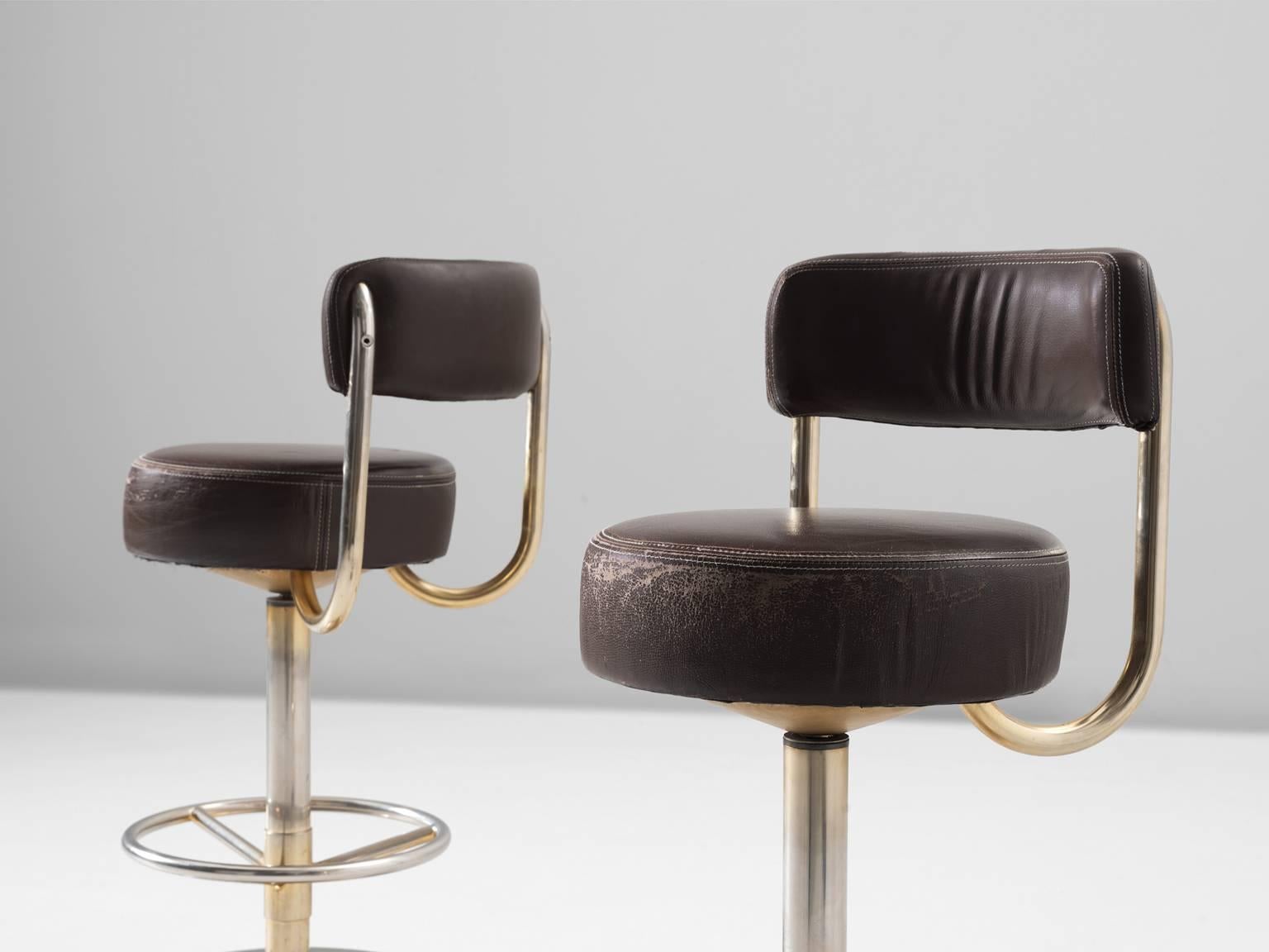 Scandinavian Set of Four Bar Stools in Brass Colored Metal and Brown Leather Upholstery
