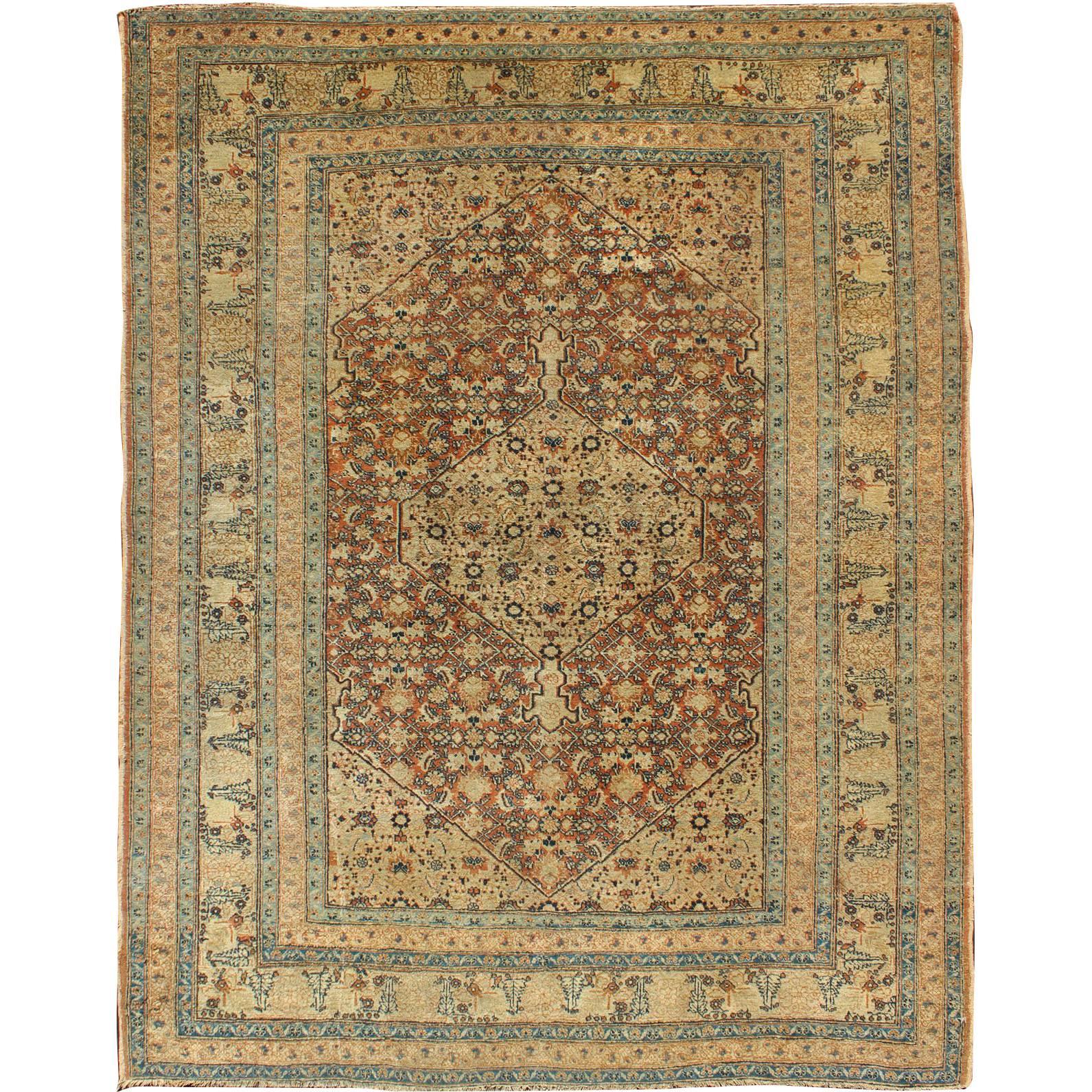 Antique Persian Tabriz Haj Jalili Fine Rug in Earth tones, Red Brown Background For Sale