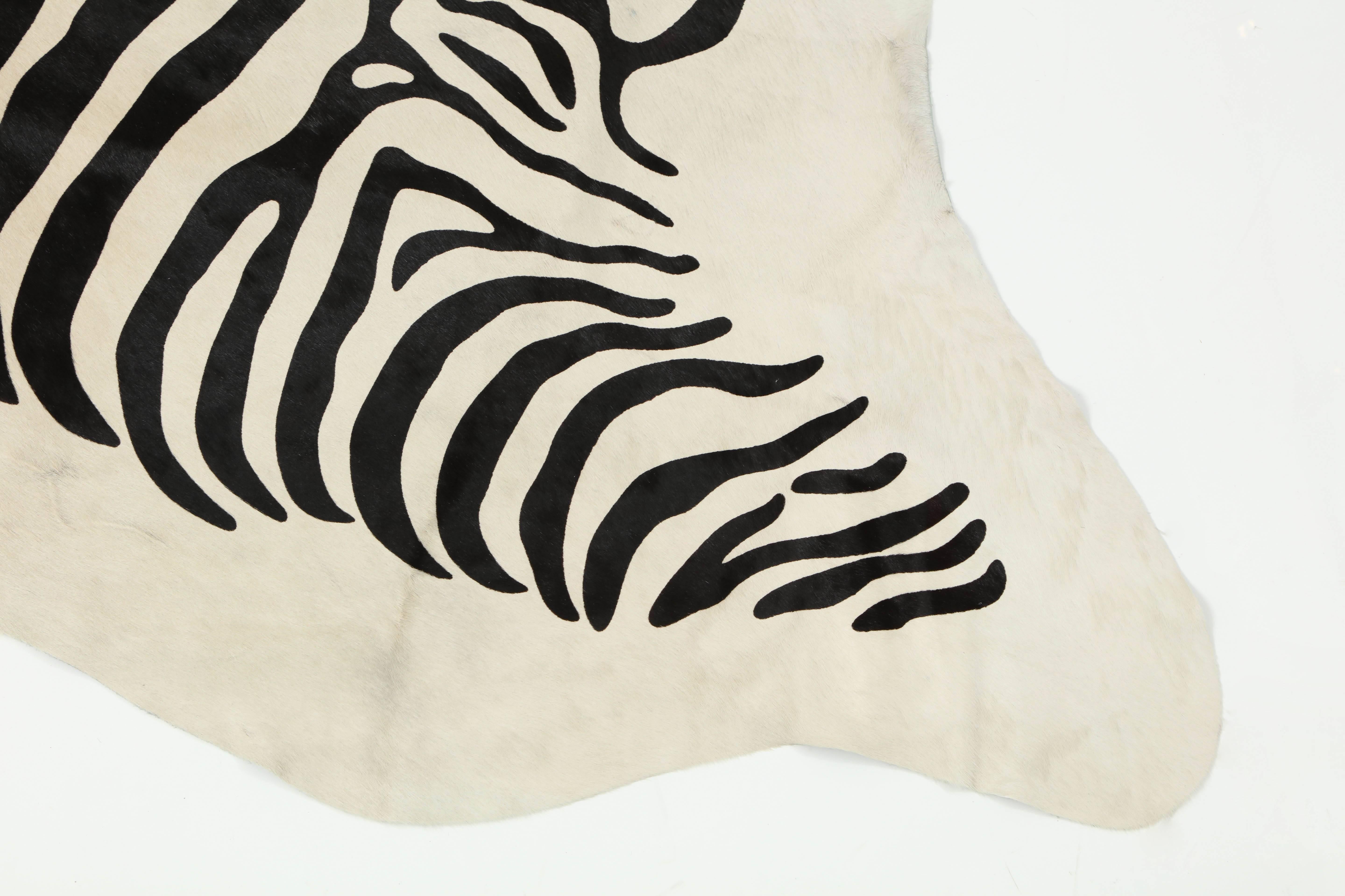Contemporary Stenciled Zebra Print Brazilian Cowhide Rug, 2016 In Excellent Condition In New York, NY