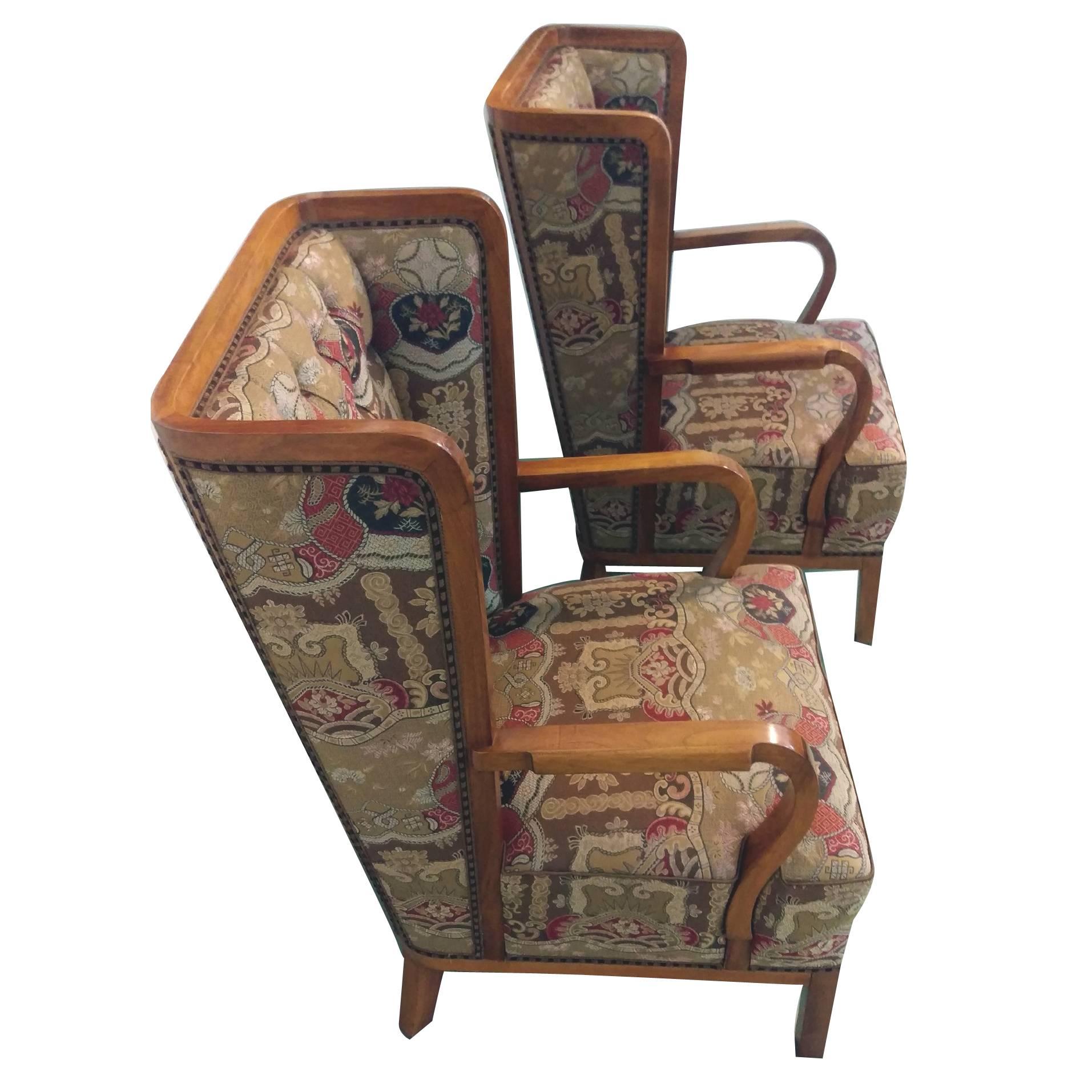 Pair of Unusual Wingback Lounge Chairs, Attributed to Jules Leleu