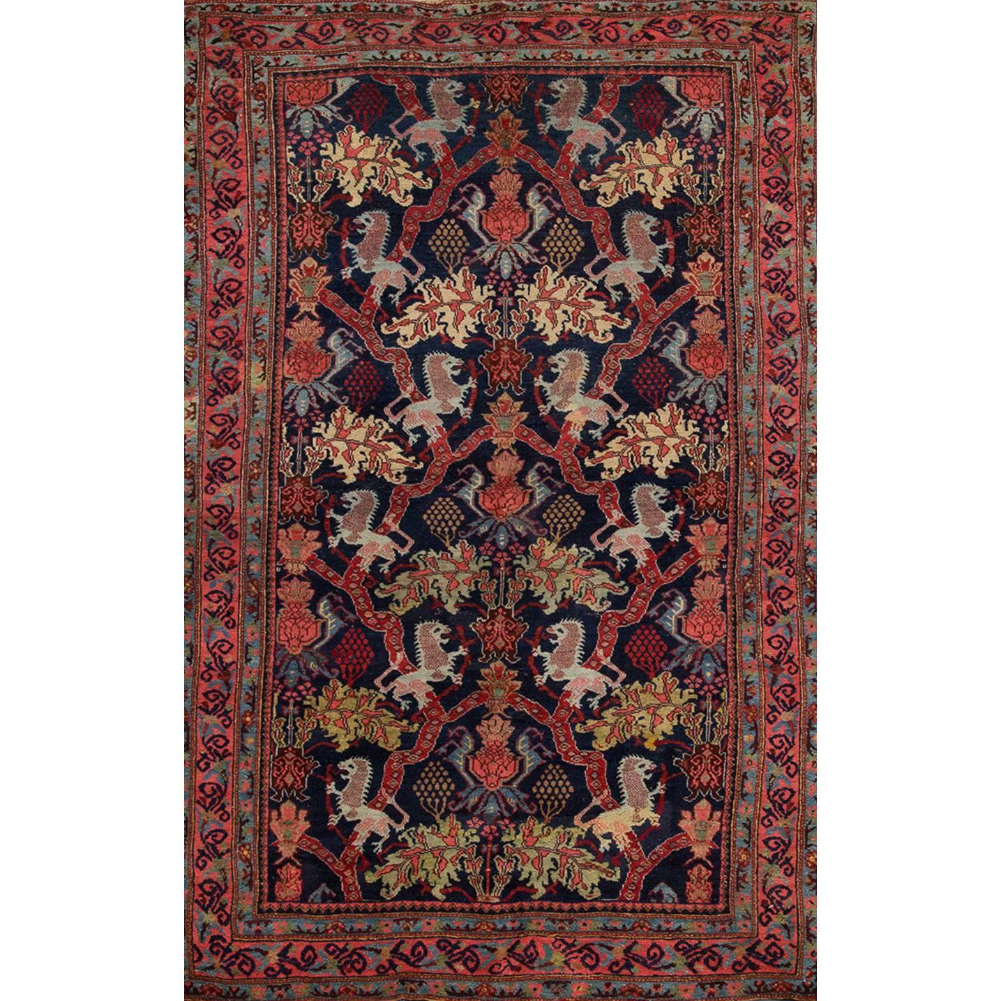 Antique Red and Blue All-Over Persian Bidjar Carpet, 4.05x6.10 For Sale
