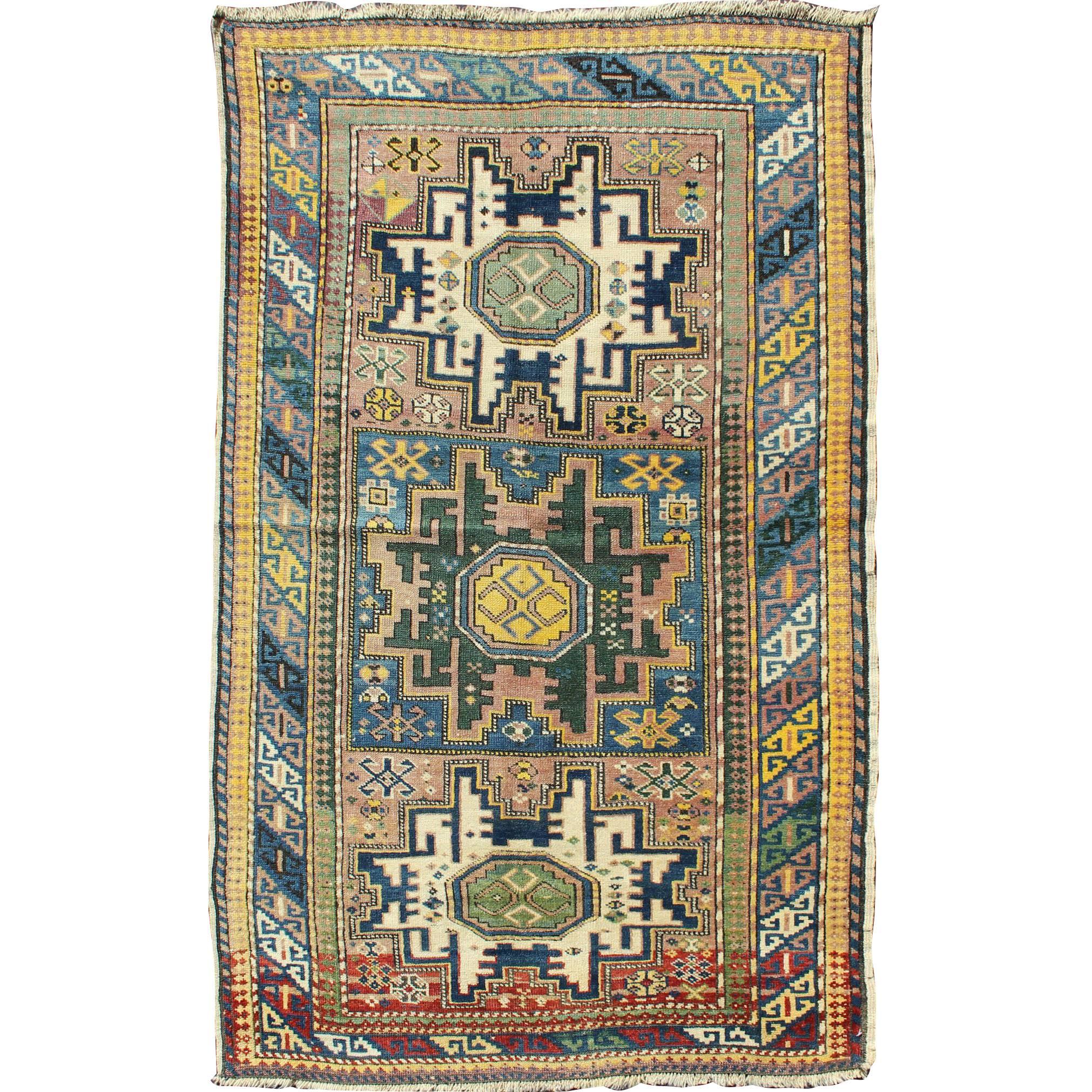 Antique Colorful Kuba Caucasian Rug with Star Medallions in Green, Blue, Yellow