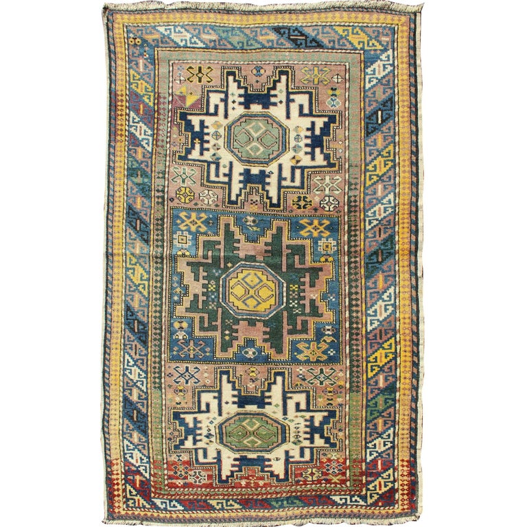 Antique Colorful Kuba Caucasian Rug with Star Medallions in Green, Blue