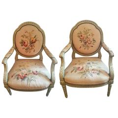 Pair of 19th Century Louis XVI Needlepoint Upholstered Fauteuils