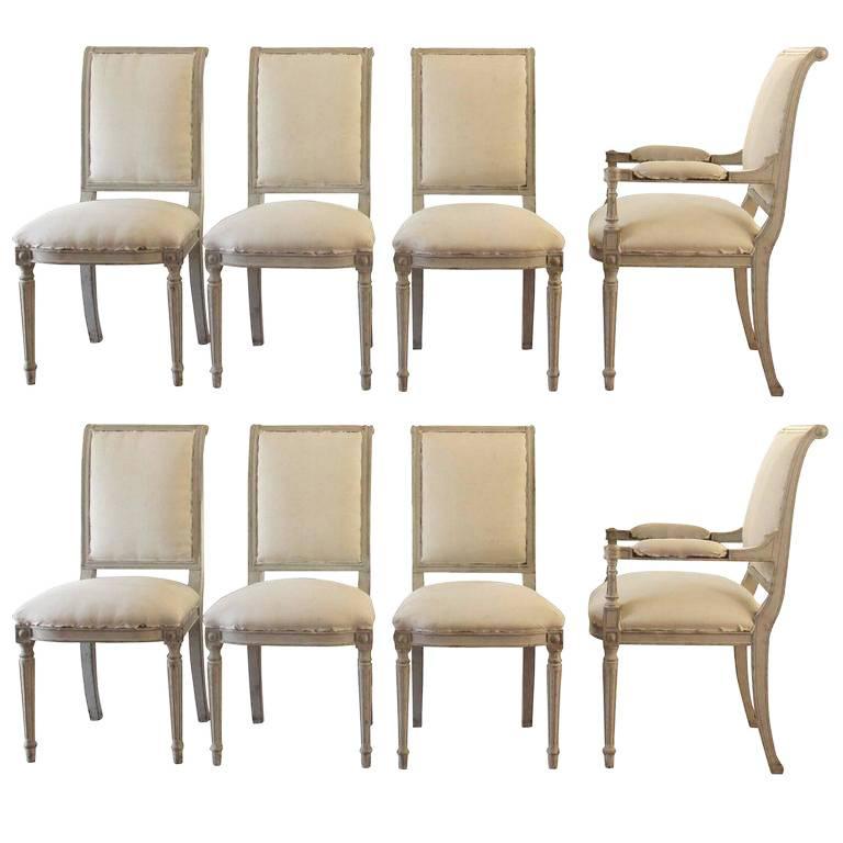 Set of Six 19th Century Swedish Painted Directoire Side Chairs & Two Armchairs