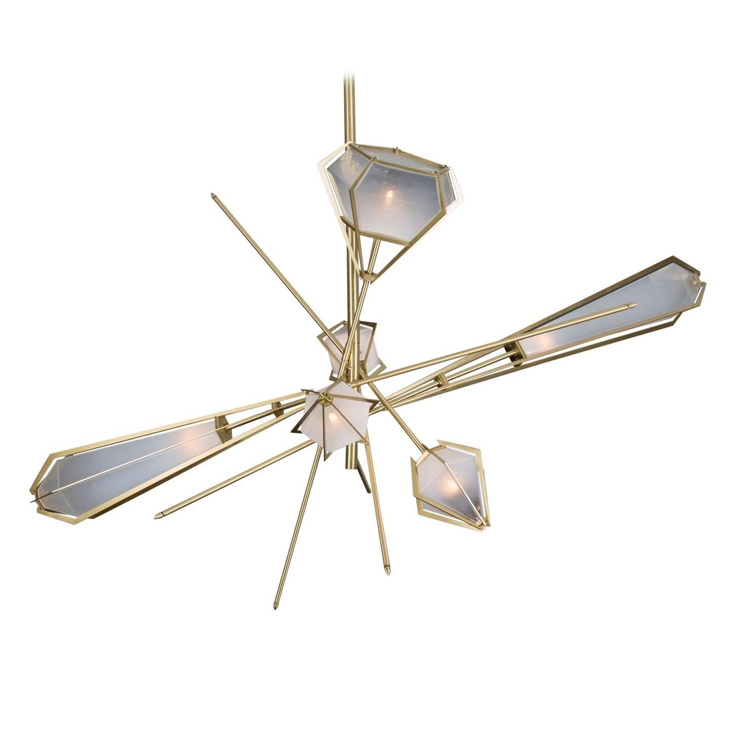 Harlow Large Chandelier in Satin Brass and Alabaster White Glass  For Sale