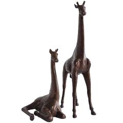 Vintage 20th Century Hollywood Regency Style Pair of Decorative Brass Giraffes Statues