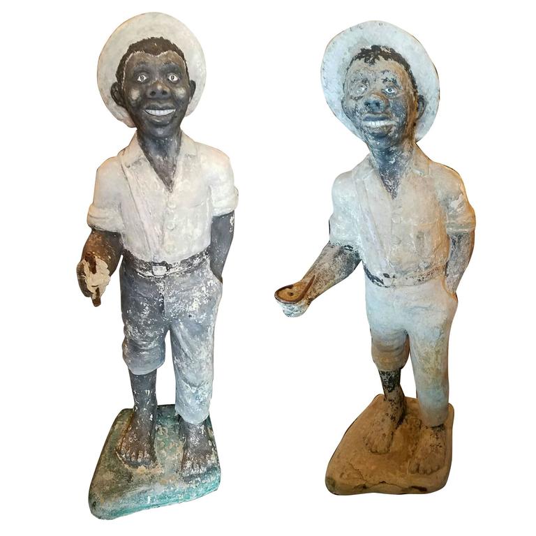 Two Antique Cast Concrete Lawn Figures of Black Boys at 1stDibs