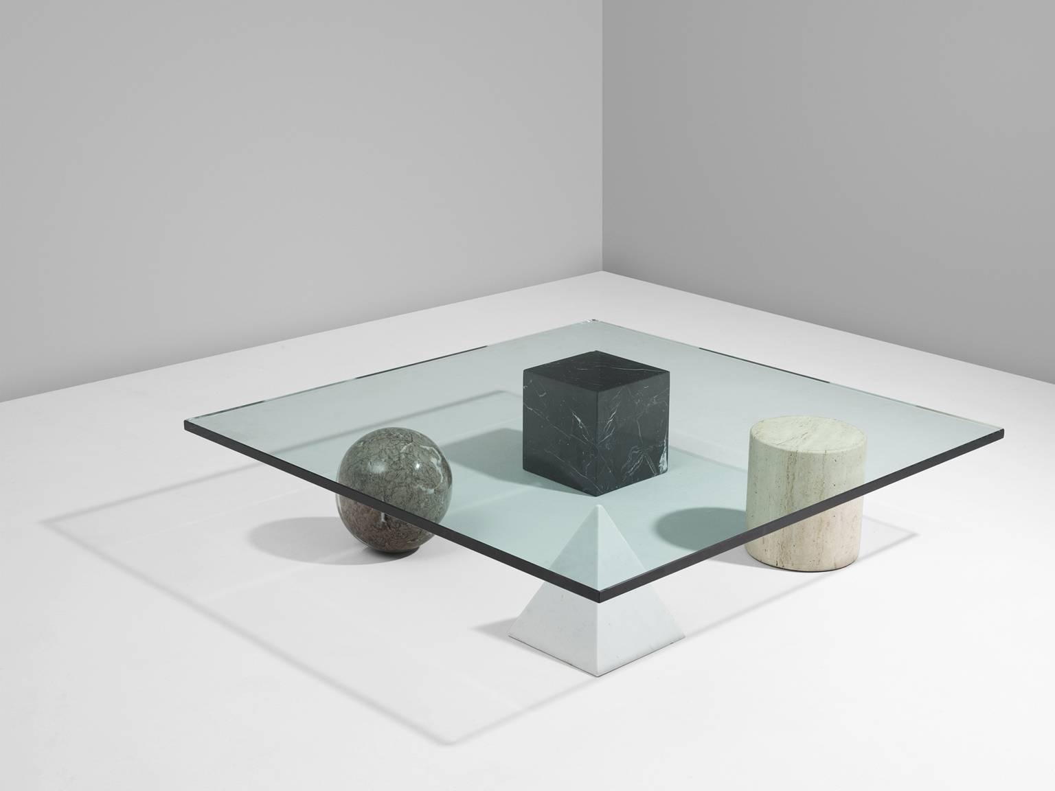 'Metaphora' cocktail table, in glass and marble, by Lella and Massimo Vignelli, Italy 1970s. 

Rare and complete original Metaphora table by Lella and Massimo Vignelli. This table combined out of four primary shapes a cube, a cylinder a ball and a