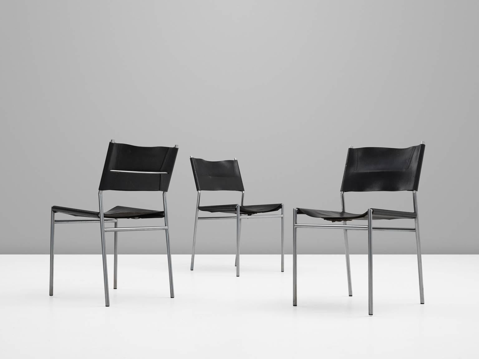 Dutch Large Set of Martin Visser Dining Room Chairs in Original Black Leather