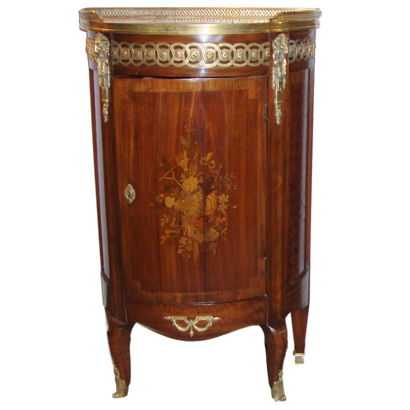  French Louis XV Style Inlaid Pedestal End Table Night Stand Gallery Marble Top 