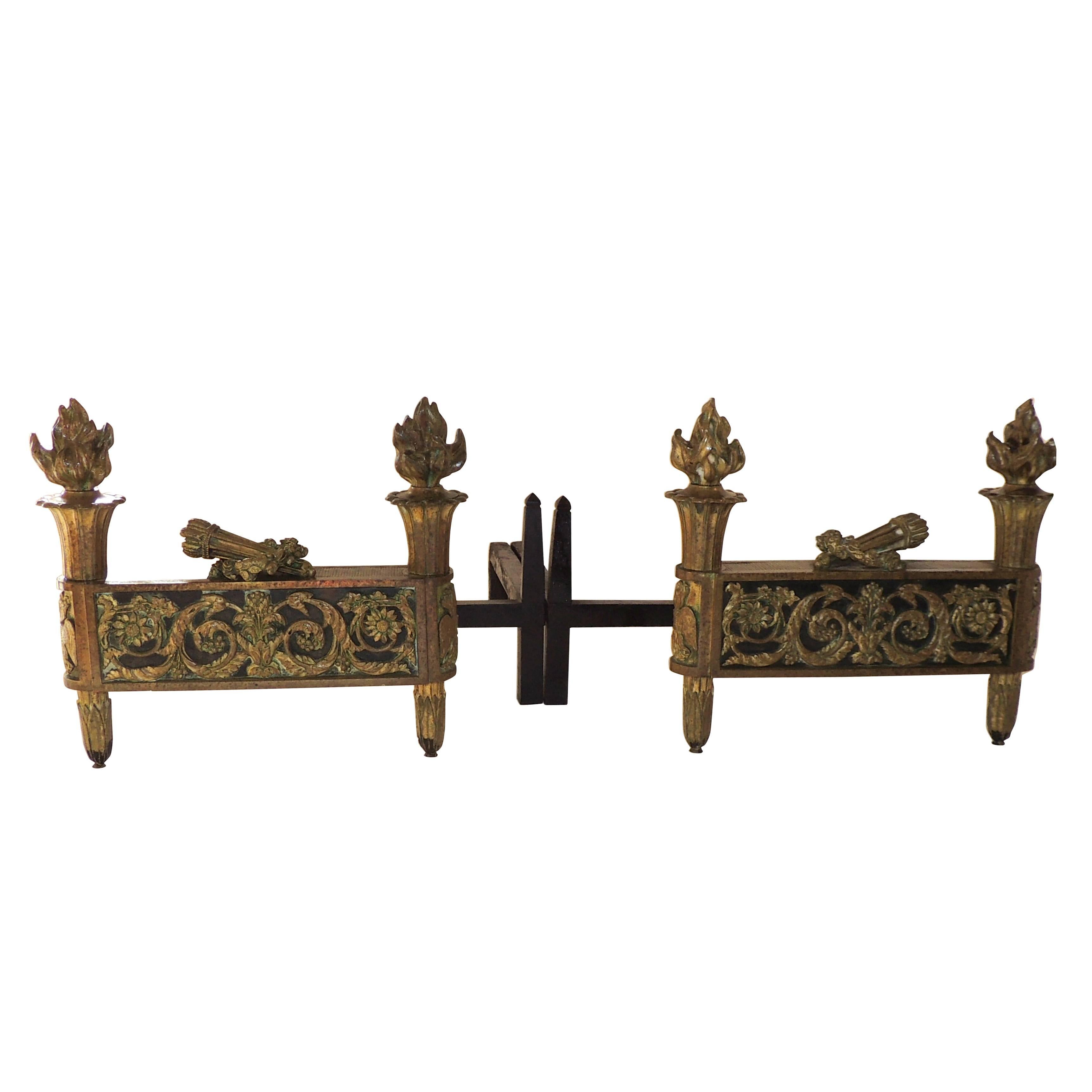 Wonderful French Neoclassical Gilt Dore Bronze with Black Marble Insert Chenets For Sale