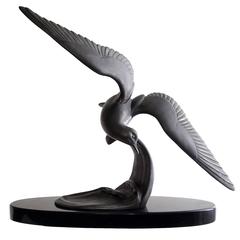 Art Deco Style Bronzed Spelter Seagull Sculpture on Oval Marble Base