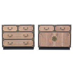 Retro Pair of Henredon Two Tone Bachelors Chests / Nightstands w/ Brass Hardware