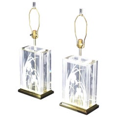 Vintage Pair of Etched Flowers Table Lamps Fredrick Ramond