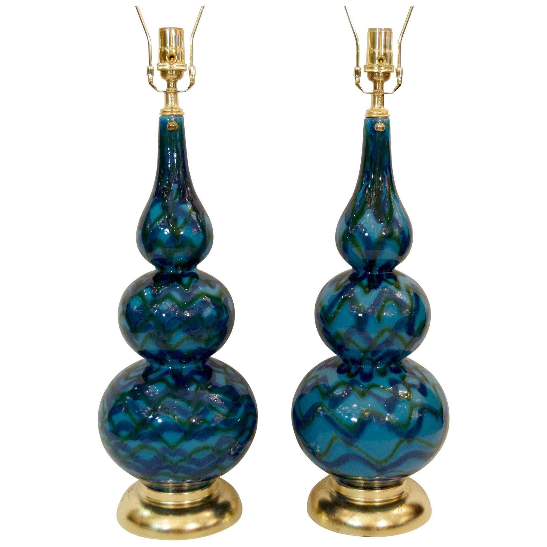 Pair of Blue Glazed Table Lamps with Gold Leaf Hardware