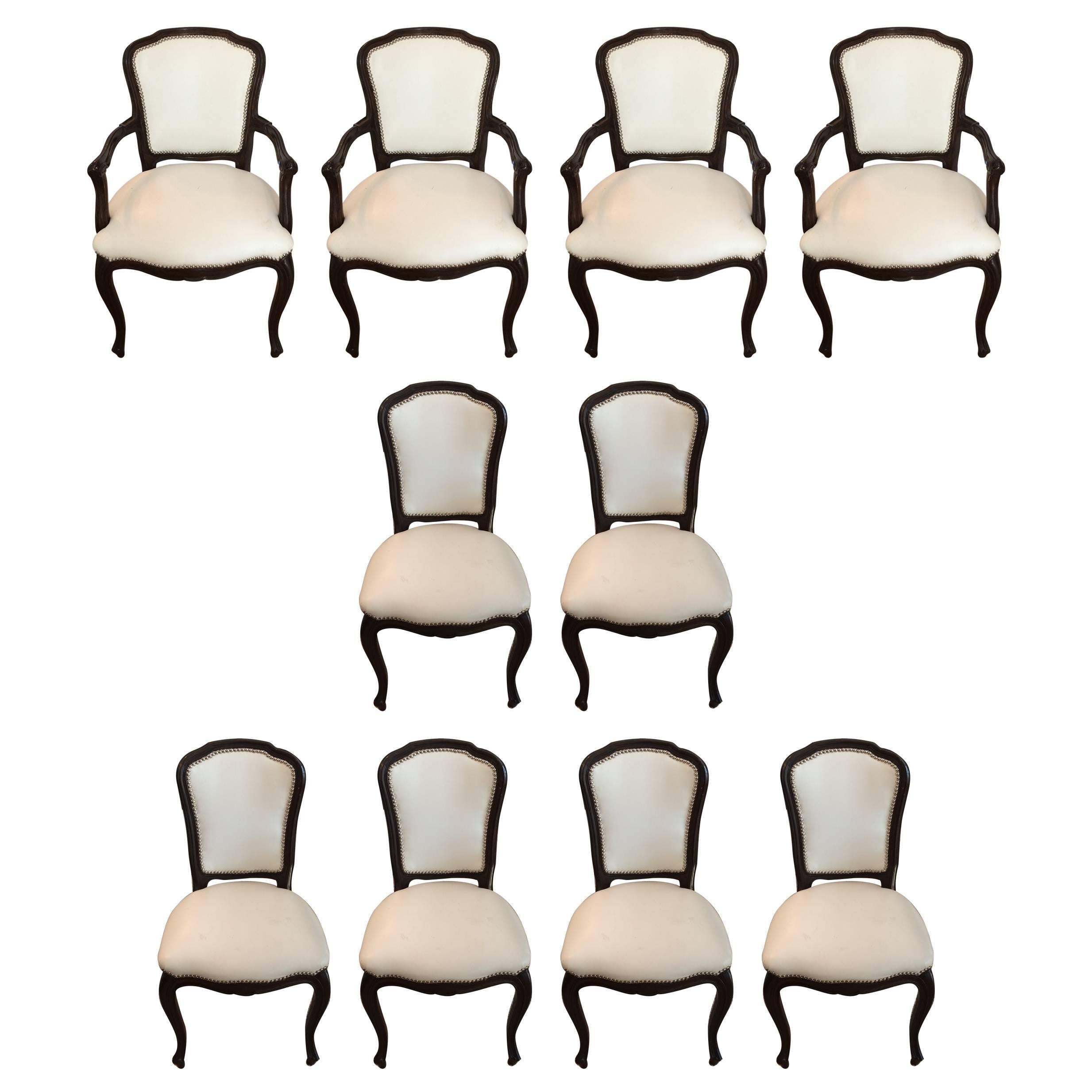 Set of Ten Glam Vintage Dining Chairs in Updated White Leather