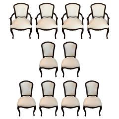 Set of Ten Glam Vintage Dining Chairs in Updated White Leather