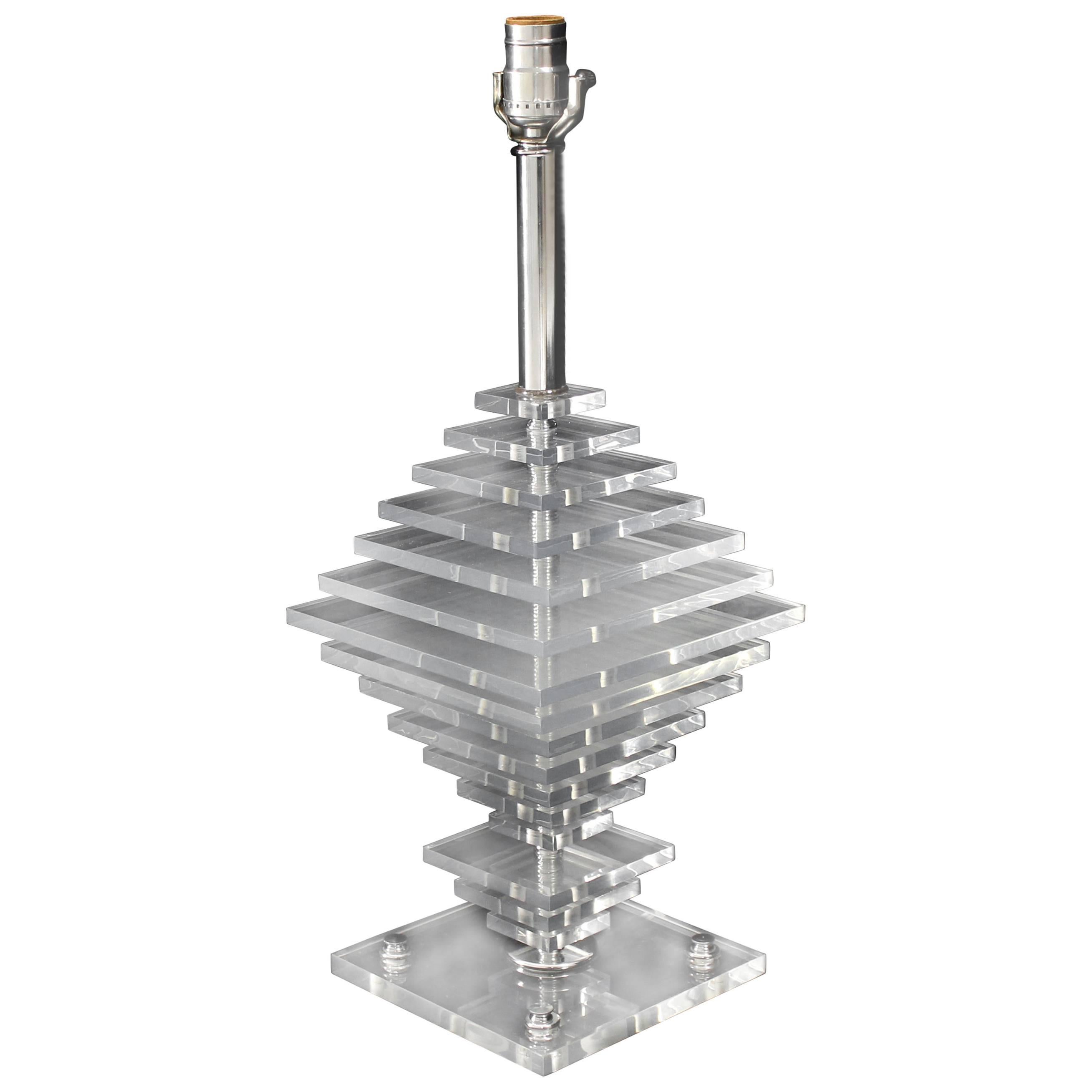 Large Pyramid Stacked Lucite Table Lamp For Sale