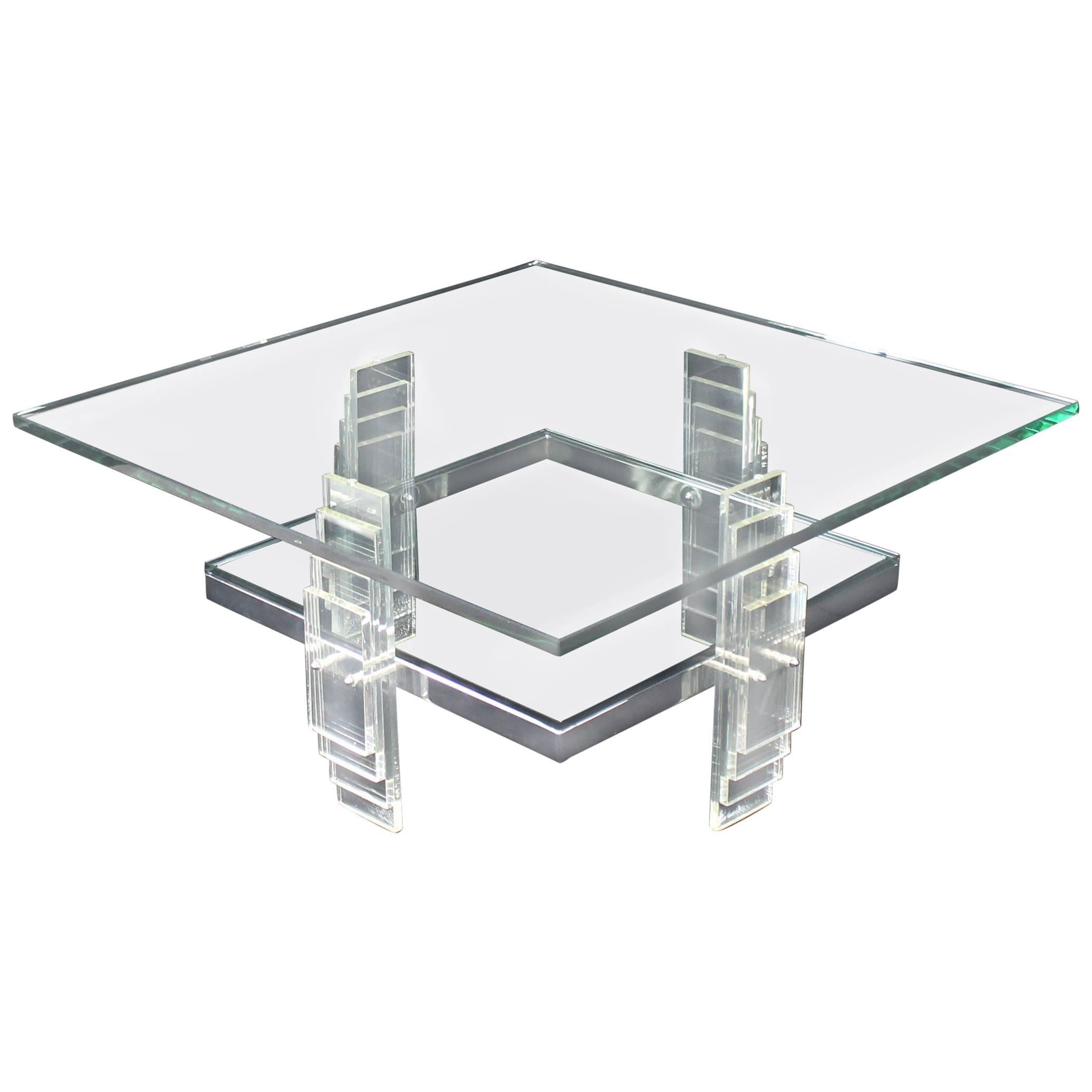 Nice Large Lucite and Glass Square Coffee Table For Sale