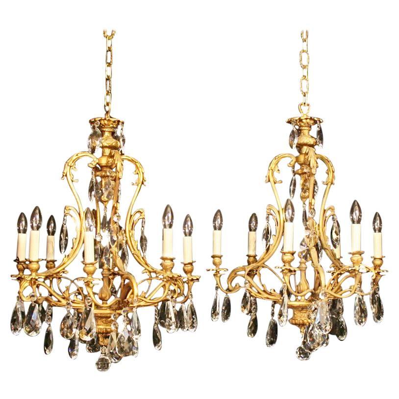 Italian Pair of Gilded Eight and Six-Light Antique Chandeliers