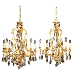 Italian Pair of Gilded Eight and Six-Light Antique Chandeliers