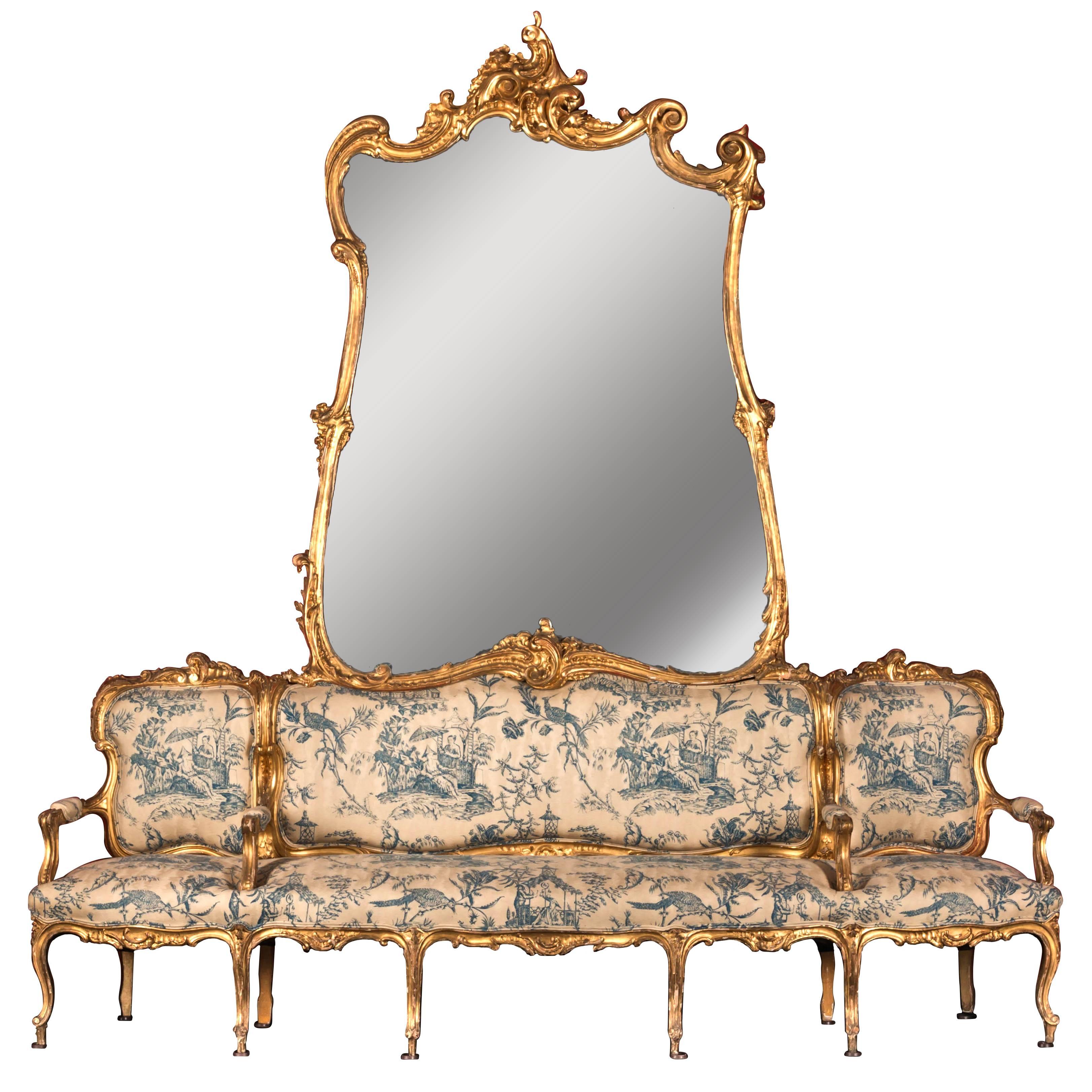 19th Century German Sofa and Mirror or "Canape De L'amitie" in Louis XV Style