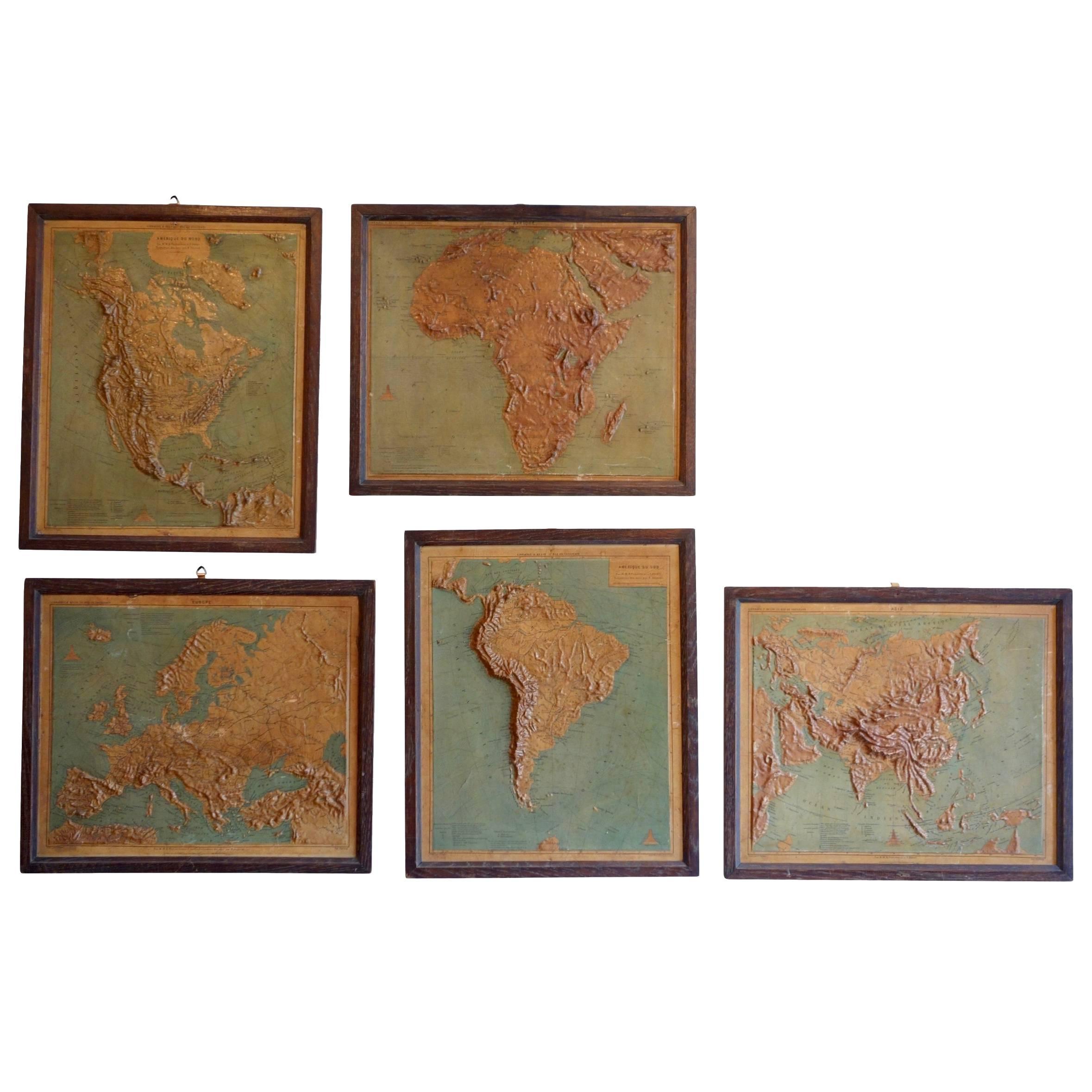 Set of Five Framed World Relief Maps from a Schoolhouse in France, circa 1910