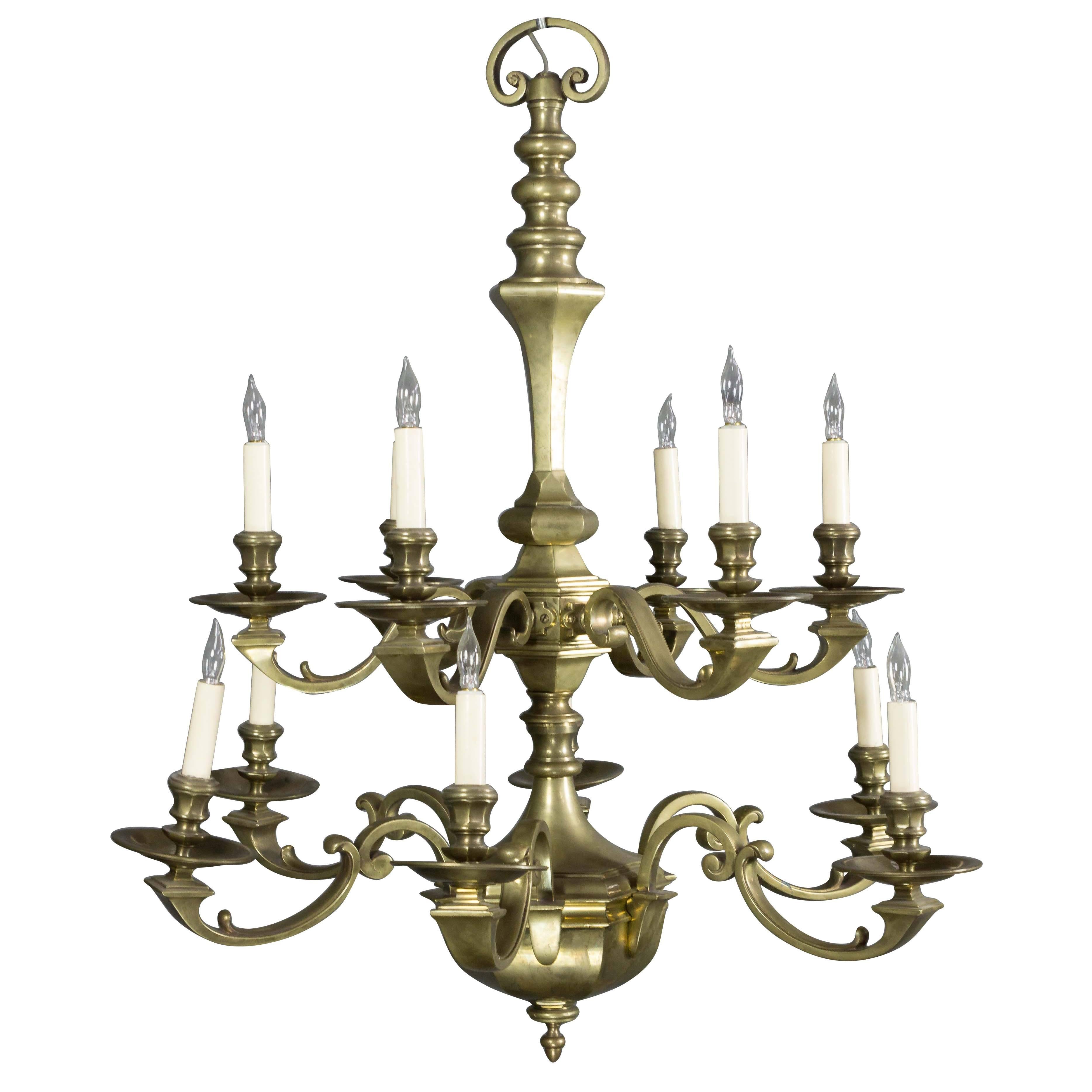 French 1940s Double Tiered Twelve-Armed Bronze Chandelier For Sale