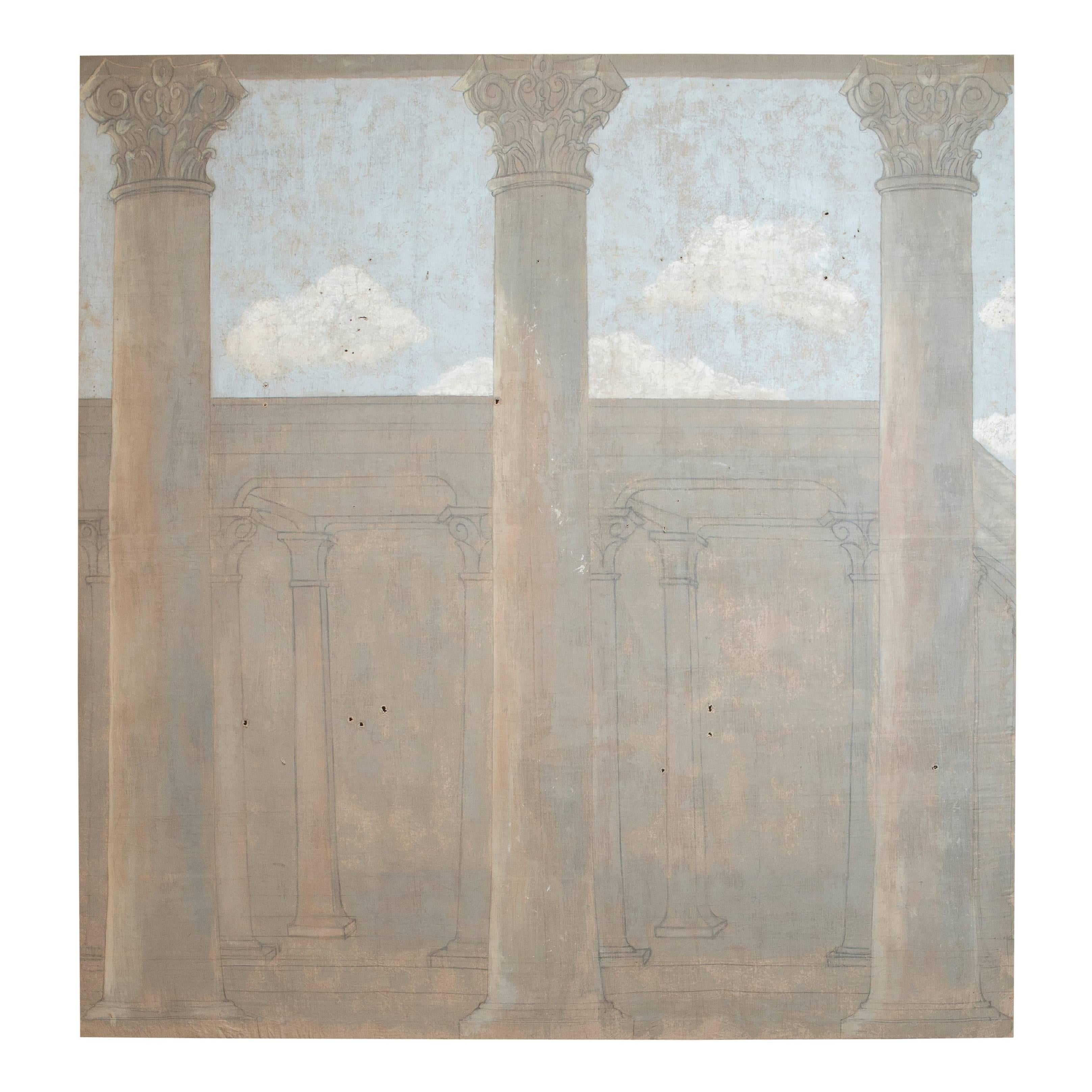 19th Century Hand-Painted Panel with Column Facade Detail and Sky For Sale