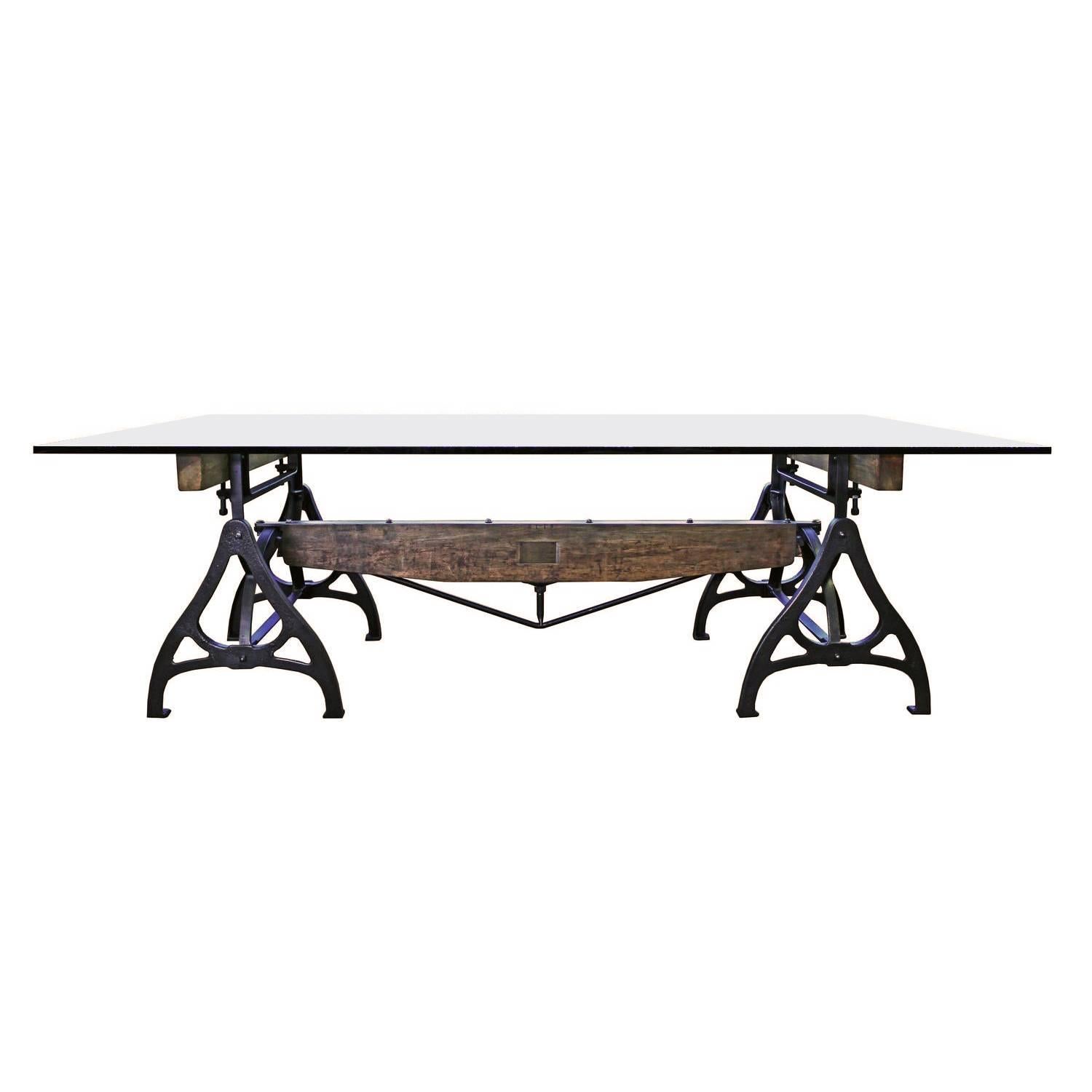 Conference Dining Table. Vintage Industrial Wood Steel Cast Iron & Glass