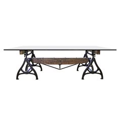 Conference Dining Table. Antique Industrial Wood Steel Cast Iron & Glass