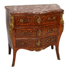 Antique French Kingwood and Rosewood Marble Top Bombe Commode