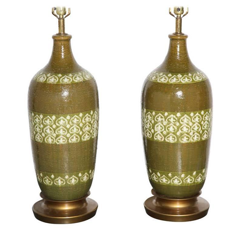 Substantial Pair Aldo Londi for Bitossi Olive & Green Moresque Ceramic Lamps