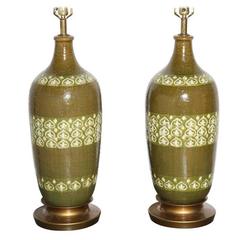 Substantial Pair of Aldo Londi Bitossi Green Moorish Design Ceramic Lamps, 1960s