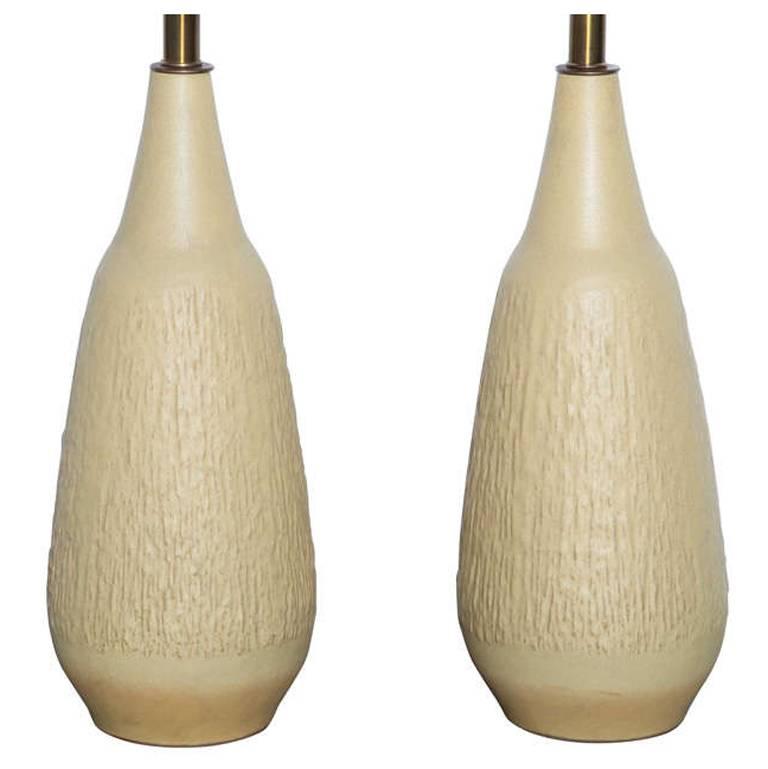 Tall Pair of Lee Rosen for Design Technics Textured Yellow Cream Pottery Lamps