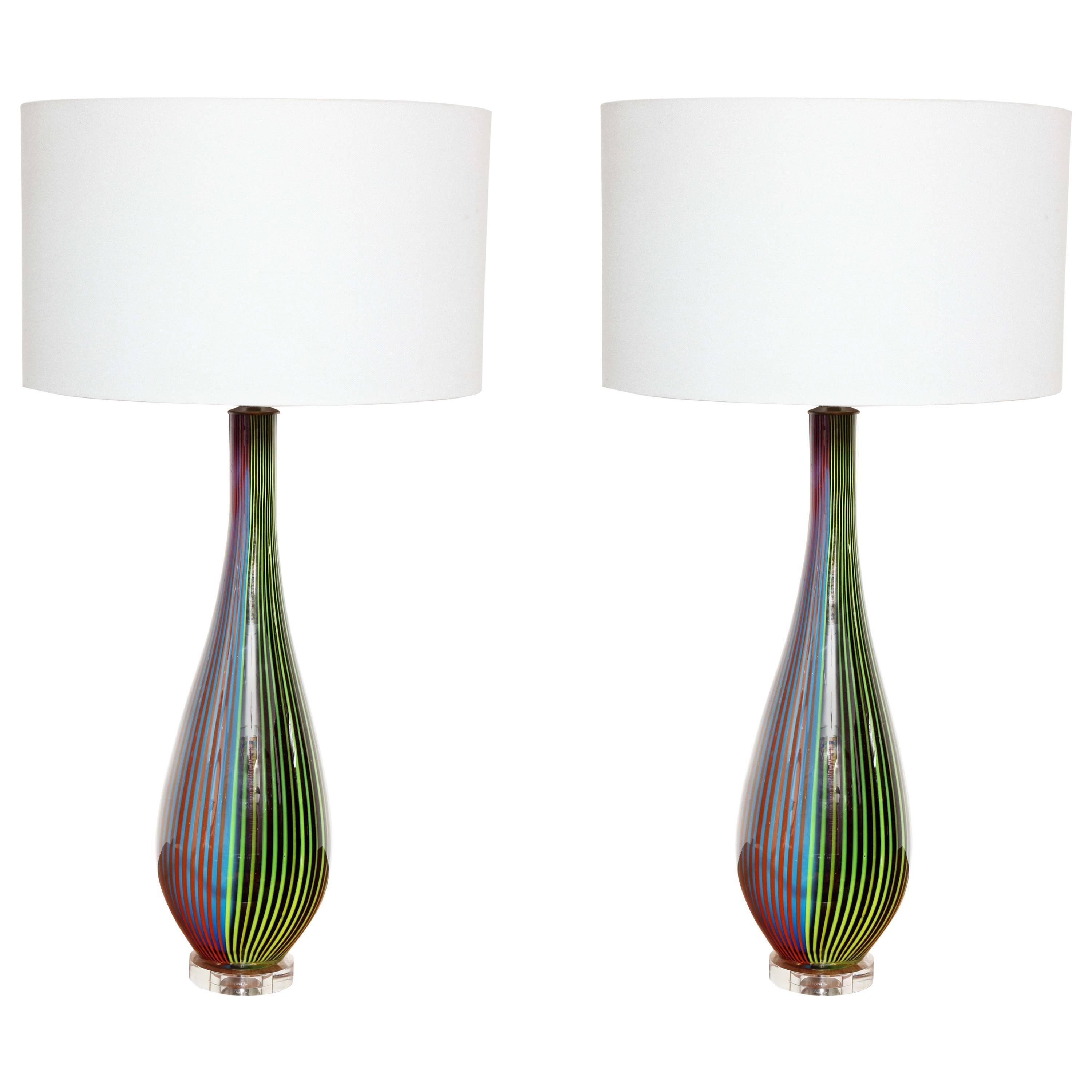 Pair of Striped Murano Glass Lamps For Sale
