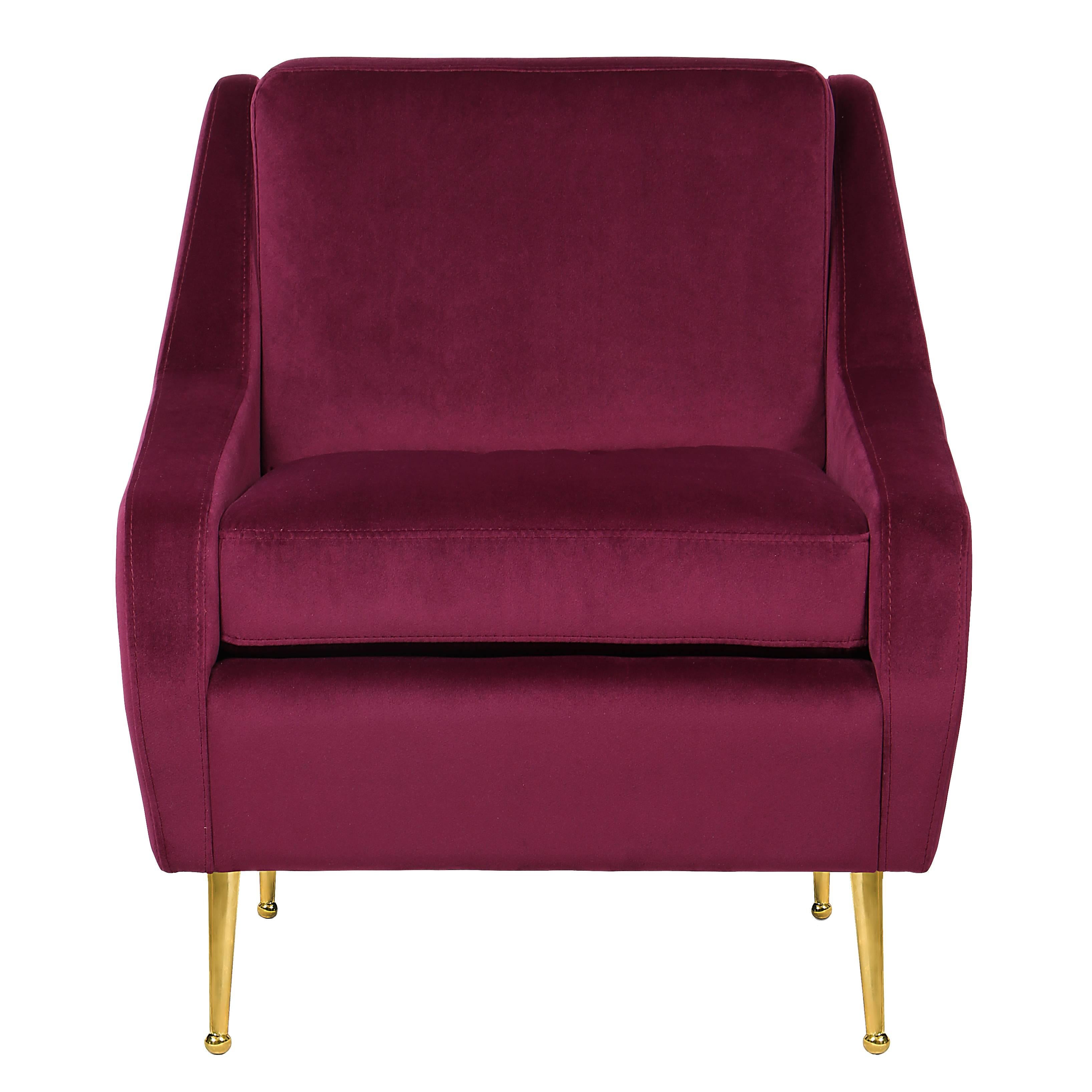 European Mid-Century Modern Inspired Velvet and Brass Armchair For Sale