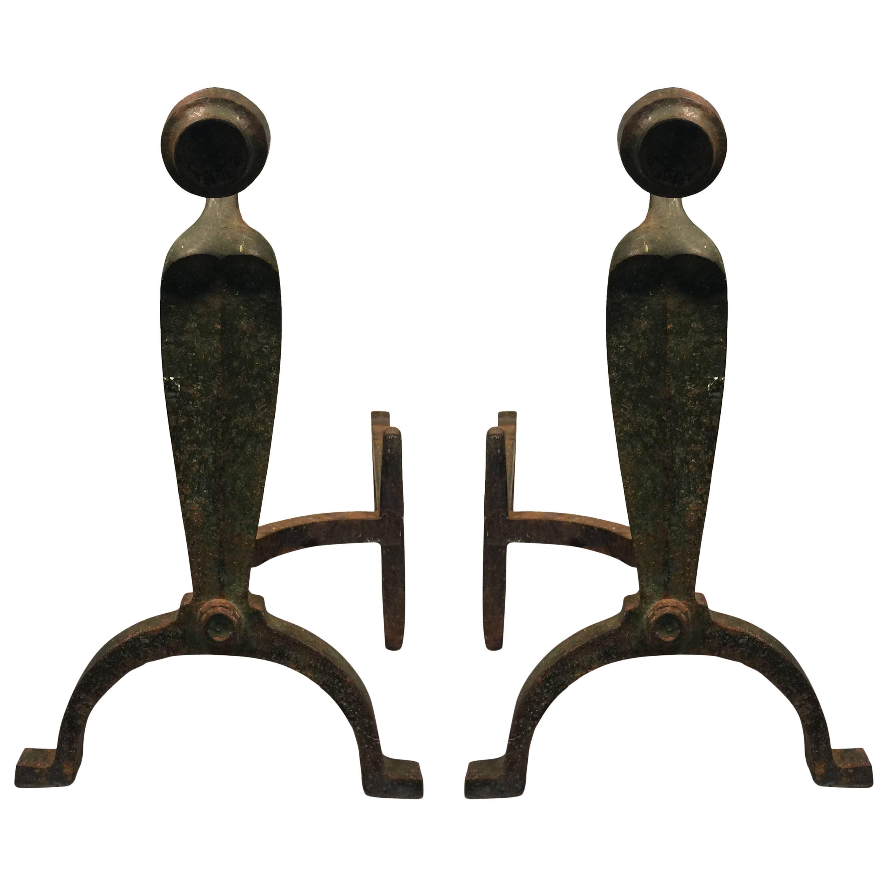Art Deco Pair of Organic Andirons in Bronzed Iron For Sale