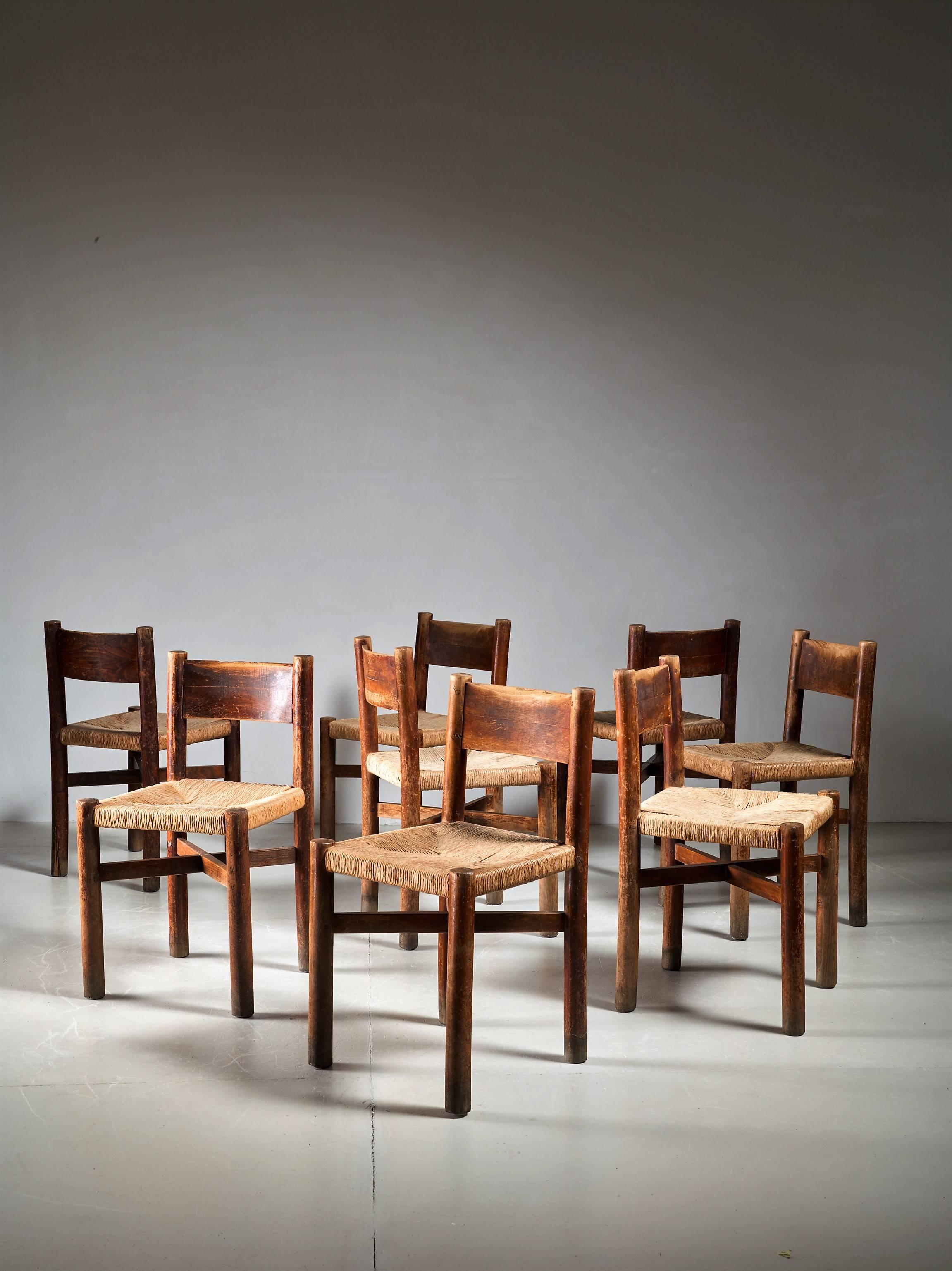 Mid-20th Century Charlotte Perriand Brazil Table with a Set of Eight Courchevel Chairs, France For Sale