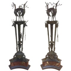 Antique Pair of 19th Century Italian Grand Tour Bronze Oil Lamps on Marble Bases