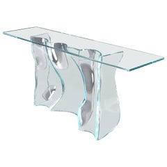 Vintage Organic Free Form Molded Bent Glass Wave Pattern Large Console Table Glass Top